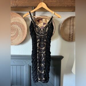 Bebe Sexy elegant Ruched Mesh lace Bodycon Mini spaghetti strap Dress y2k